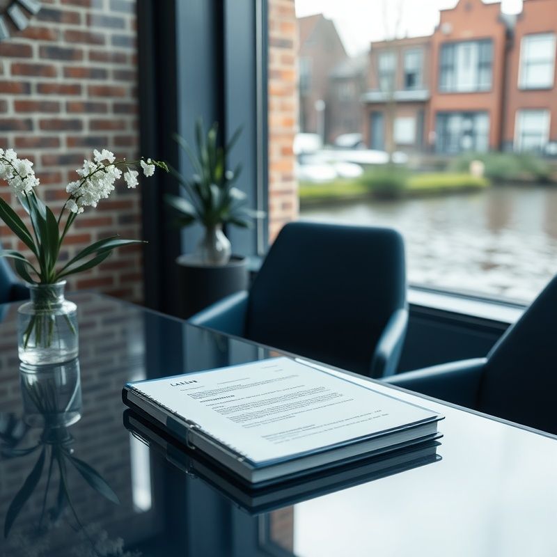 Juridische documentenmap en glazen bureau in een indigo-getinte adviesomgeving
